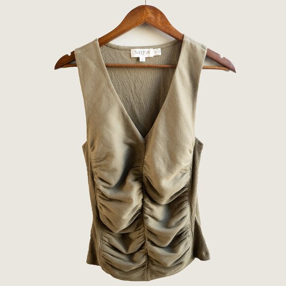 Nation Los Angeles Ribbed Olive Green Drape V Neck Cotton Tank - Picture 1 of 4